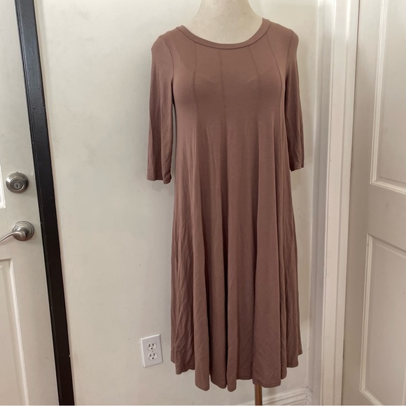 MOA Collection Plus Size 3/4 Sleeves A-Line Swing Trapeze Midi Dress Taupe Mocha - Picture 6 of 13